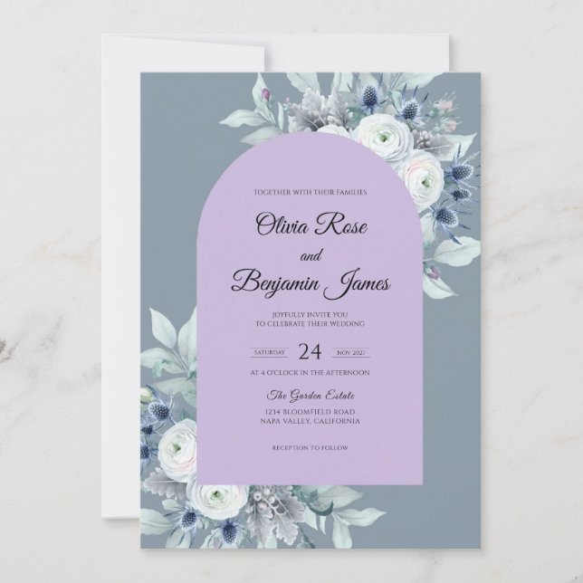 Slate Periwinkle Bloom Wedding Invitation (Front)