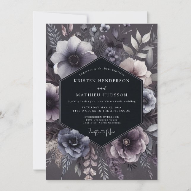 Slate Purple Floral Moody Wedding Invitation (Front)