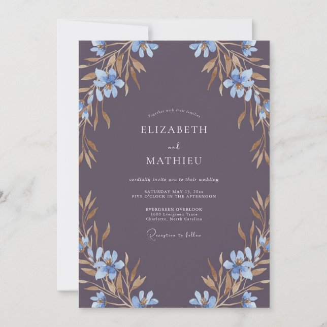 Slate Purple Leafy Wedding Invitation (Front)