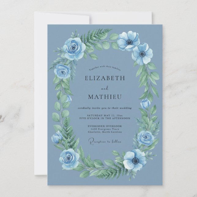 Slate Ranunculus Wreath Wedding Invitation (Front)