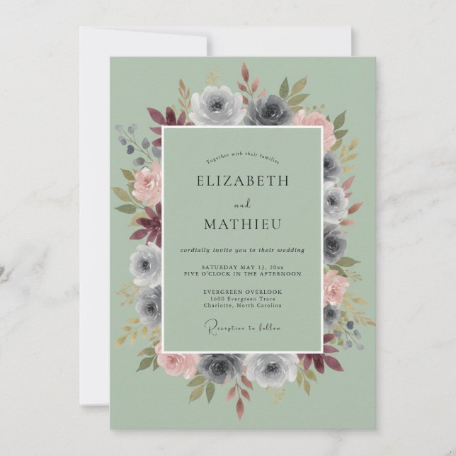 Slate Rose Blush Wreath Wedding Invitation (Front)