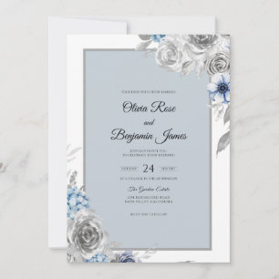 Slate Silver Blush Rose Wedding Invitation