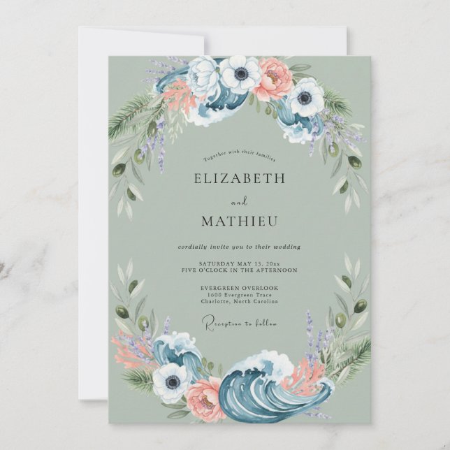 Slate Soft Coral Wreath Wedding Invitation (Front)