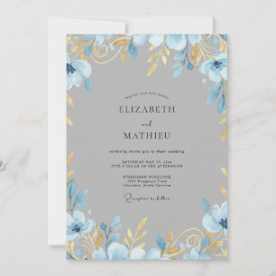 Slate Soft Gold Leafy Wedding Invitation