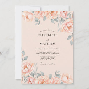 Slate Soft Peach Petal Wedding Invitation