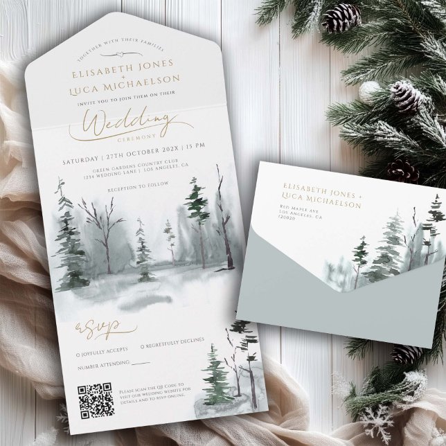 Slate Winter Landscape Woodland Wedding QR Code All In One Invitation (Creator Uploaded)