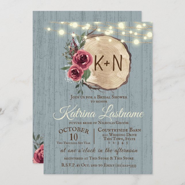Slate Wood Tree Slice Rustic String Lights Wedding Invitation (Front/Back)