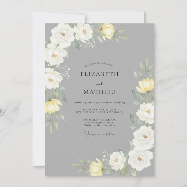 Slate Yellow Ranunculus Eucalyptus Wedding Invitation (Front)