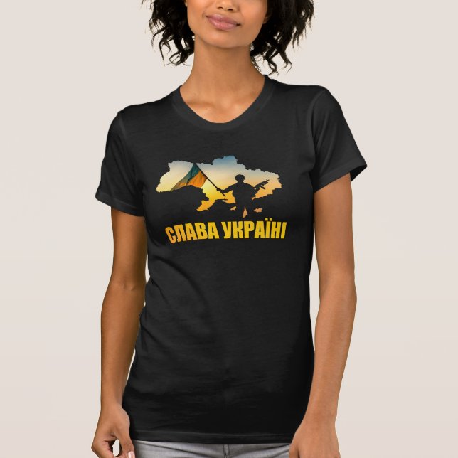 Slava Ukraini, Glory to Ukrain with map of Ukraine T-Shirt (Front)