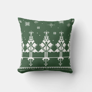 Slavic Folk Art   Winter Forest Green and White Cushion