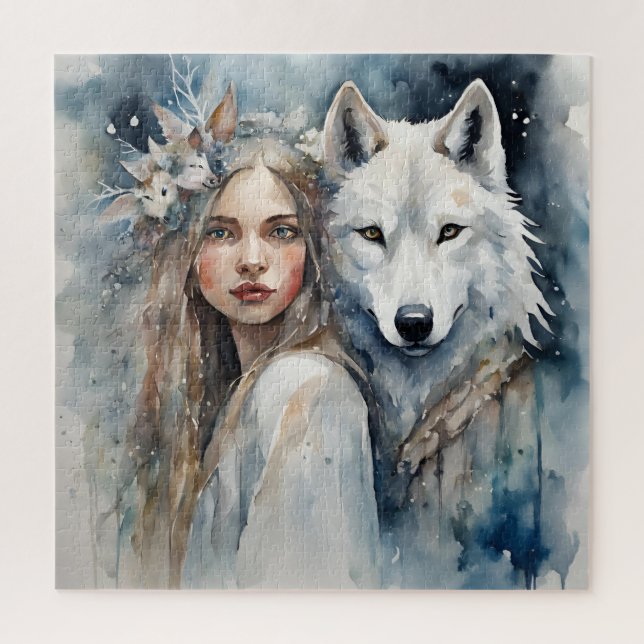 Slavic Magic: The Girl and the White Wolf Jigsaw Puzzle (Vertical)