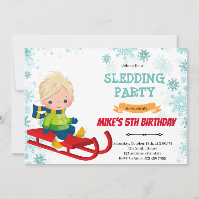 Sled boy birthday invitation (Front)