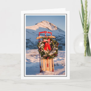 Sled in Snow with Christmas Wreath Holiday Card