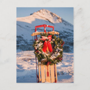 Sled in Snow with Christmas Wreath Holiday Postcard