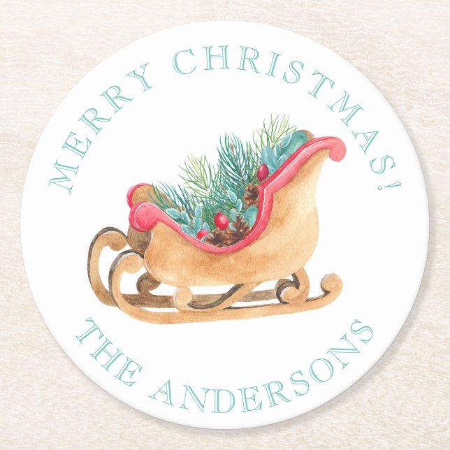 Sled Pine Floral White Merry Christmas Round Paper Coaster (Front)