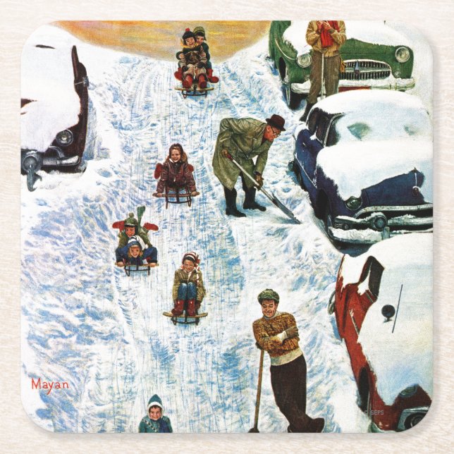 Sledding and Digging Out Square Paper Coaster (Front)