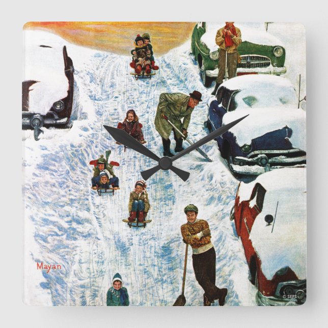 Sledding and Digging Out Square Wall Clock (Front)