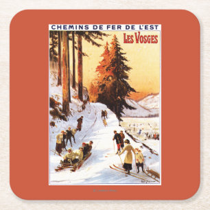 Sledding and Skiing at Vosges Poster Square Paper Coaster