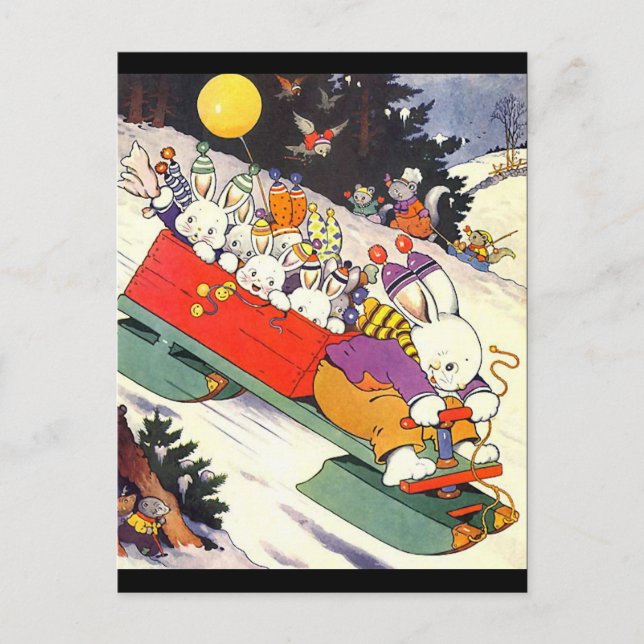 Sledding Bunnies Postcard (Front)