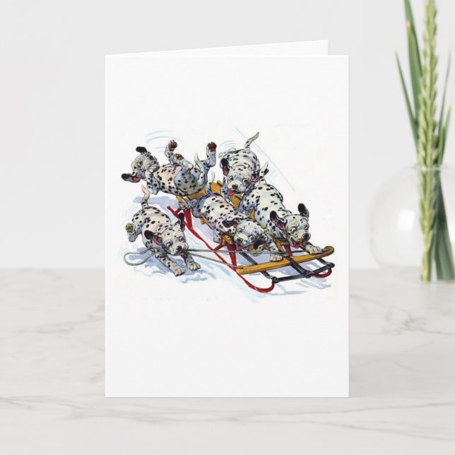 Sledding Dalmatian Pups Holiday Card (Front)