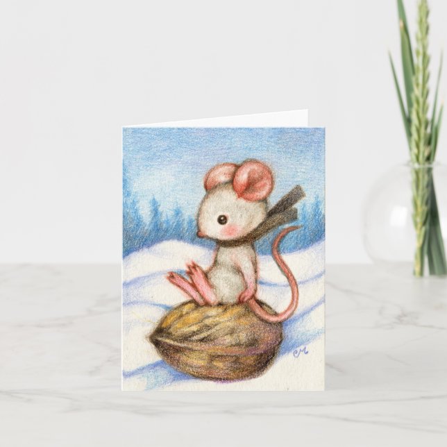 Sledding Mouse Cute Holiday Winter Greeting Card (Front)