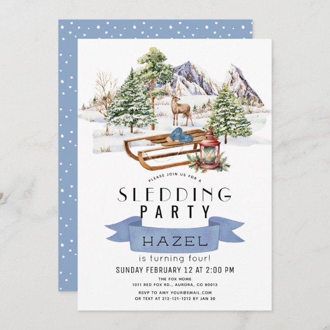 Sledding Party Winter Snowy Mountains Birthday Invitation (Front/Back)