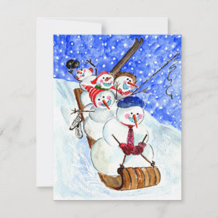 Sledding Snowmen Note Card Blank inside w Envelope