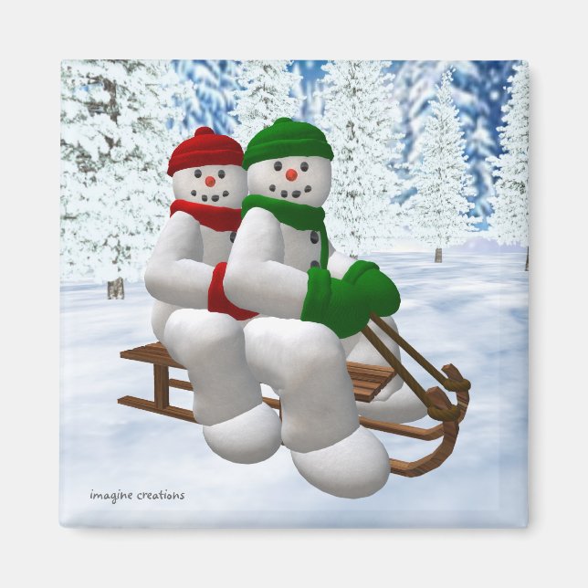 Sledding Vintage Snowmen Magnet (Front)
