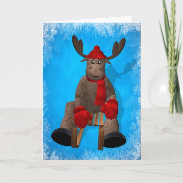 Sledding Whimsical Reindeer Holiday Card (Front)