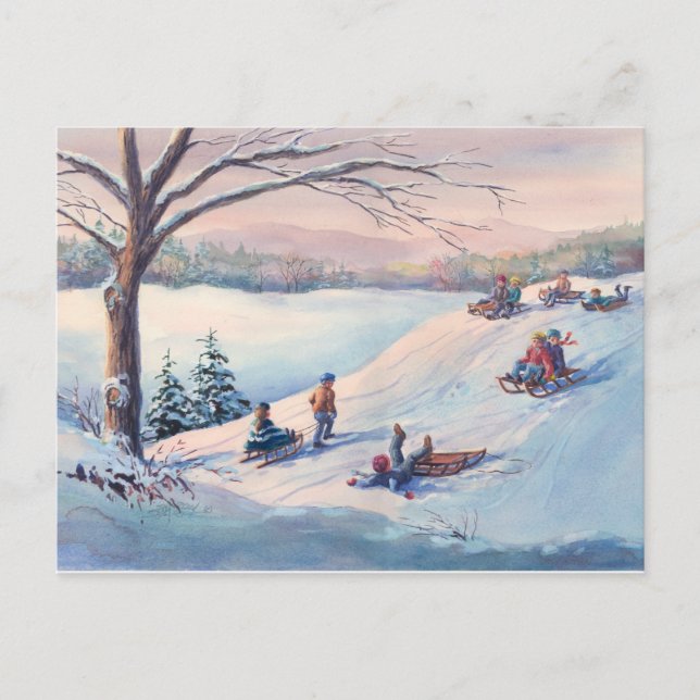 SLEDS, KIDS & SNOW by SHARON SHARPE Postcard (Front)