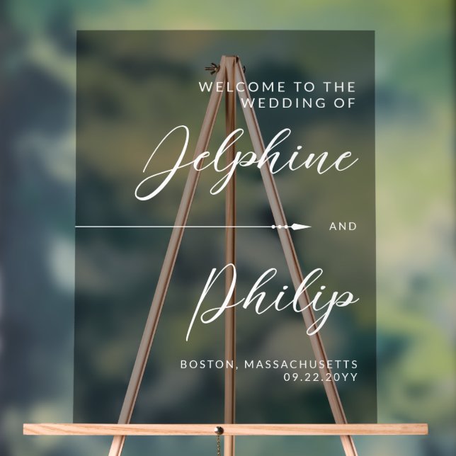Sleek Arrow Black White Script Wedding Welcome Acrylic Sign (Neutral)