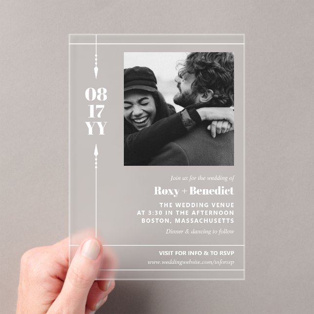 Sleek Arrows Bold Date Photo Informal Wedding Acrylic Invitations (Insitu (Handheld))