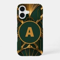 Sleek Art Deco Emerald Green Gold Monogram iPhone