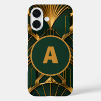 Sleek Art Deco Emerald Green Gold Monogram iPhone