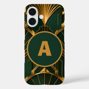 Sleek Art Deco Emerald Green Gold Monogram iPhone 16 Case