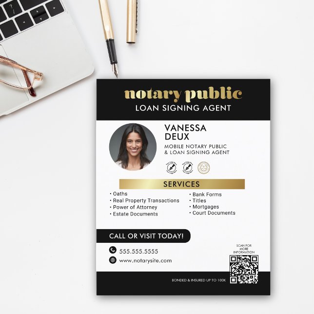 Sleek Black and Gold Notary QR Code Photo Flyer (Creator Uploaded)