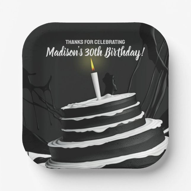 Sleek Black and White Cake Theme Birthday Party Paper Plate (Front)