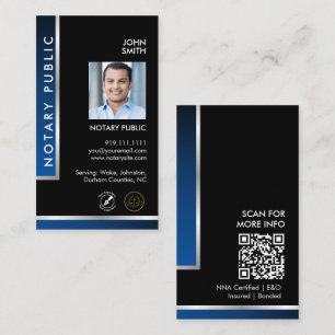 Sleek Black Blue Notary Logo Photo QR Code  Business Card