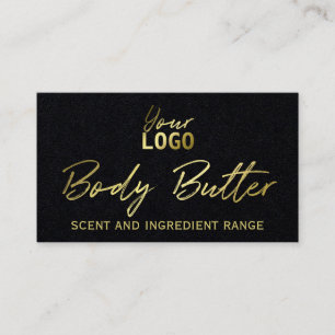 Sleek Black Body Butter Ingredients With Gold Text Business Card