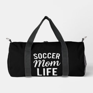 Sleek Black Bold White Typography Soccer Mum Life Duffle Bag