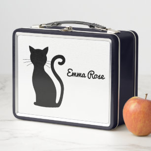 Sleek Black Cat Silhouette   Add Your Name Metal Lunch Box