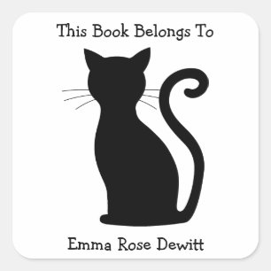 Sleek Black Cat Silhouette   This Book Belongs To Square Sticker