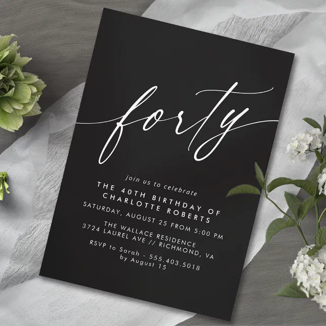 Sleek Black | Formal Script Moody 40th Birthday Invitation | Zazzle