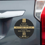 Sleek Black Gold Notary Social QR Marketing  Car Magnet<br><div class="desc">Make a statement with this professional abstract black waves and gold notary magnet. The elegant design features flat gold lettering on a black background and features a faux gold icon featuring a set of crossed skeleton key pens. The custom notary QR marketing magnet is easy to personalise before purchase. Message...</div>