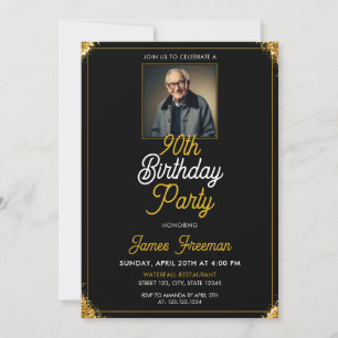 Sleek Black & Gold Photo 90th Birthday Invitation