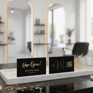 Sleek Black & Gold Script Grand Opening Promo Logo Business Card