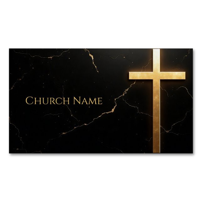 Sleek Black Marble with Golden Cross Magnetic Business Card (Front)
