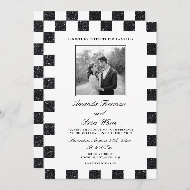 Sleek Black & White Glitter Chequerboard Wedding Invitation (Front/Back)