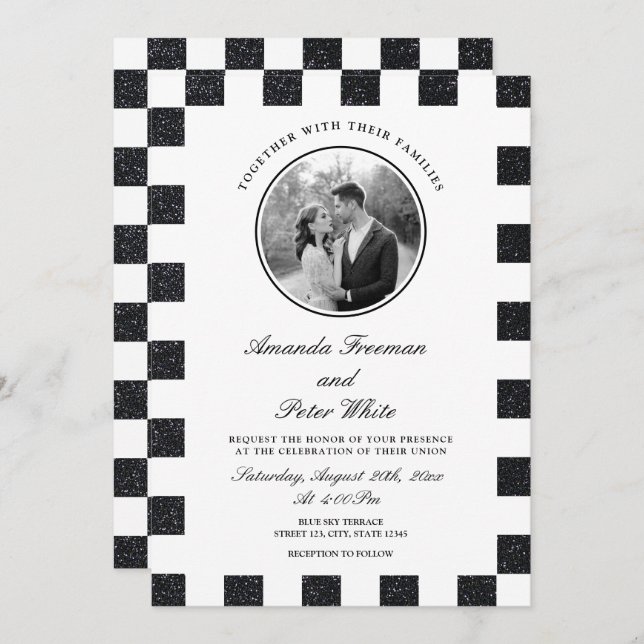 Sleek Black & White Glitter Chequerboard Wedding Invitation (Front/Back)