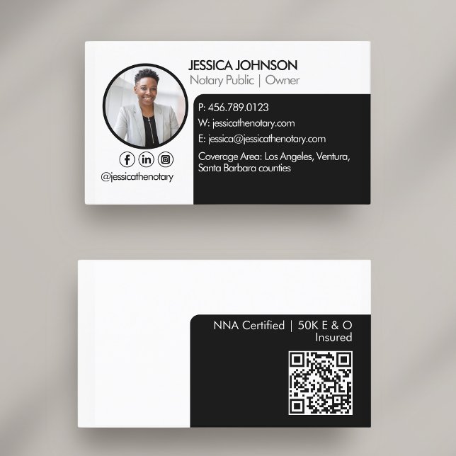 Sleek Black | White Minimal Modern Notary Photo QR Business Card (Creator Uploaded)